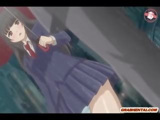 Japansk anime skolejente blir squeezing henne pupper og finger