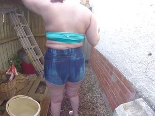 Tart in Denim Shorts Outdoors Getting Wet Clothes: sex 00